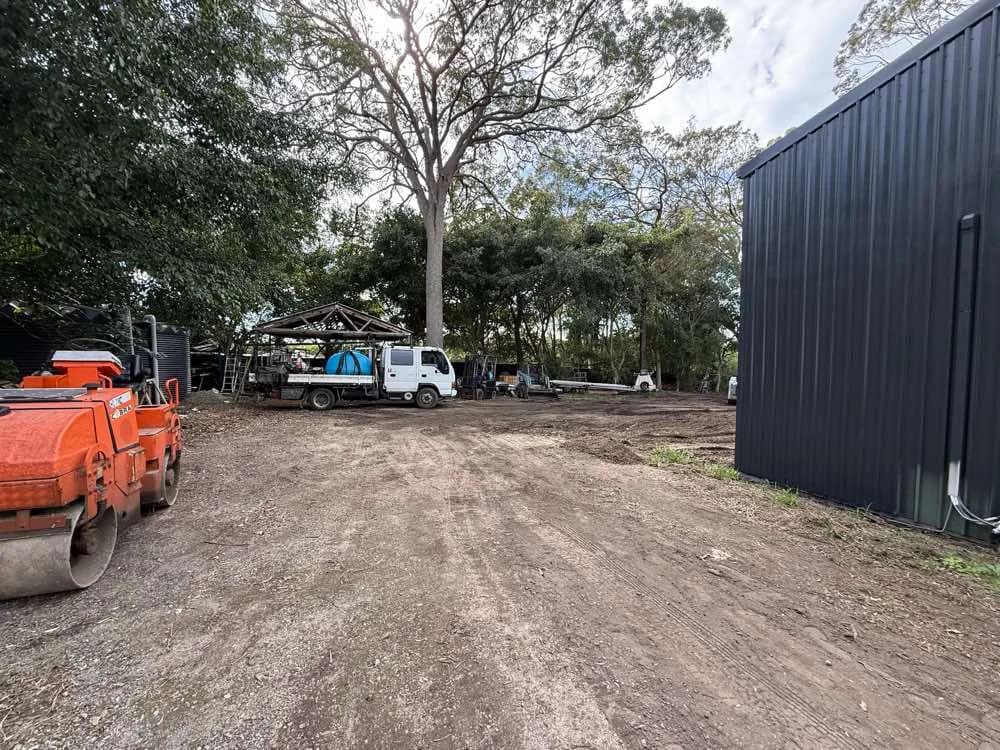 Part of a yard fenced off for formwork and a concrete pour